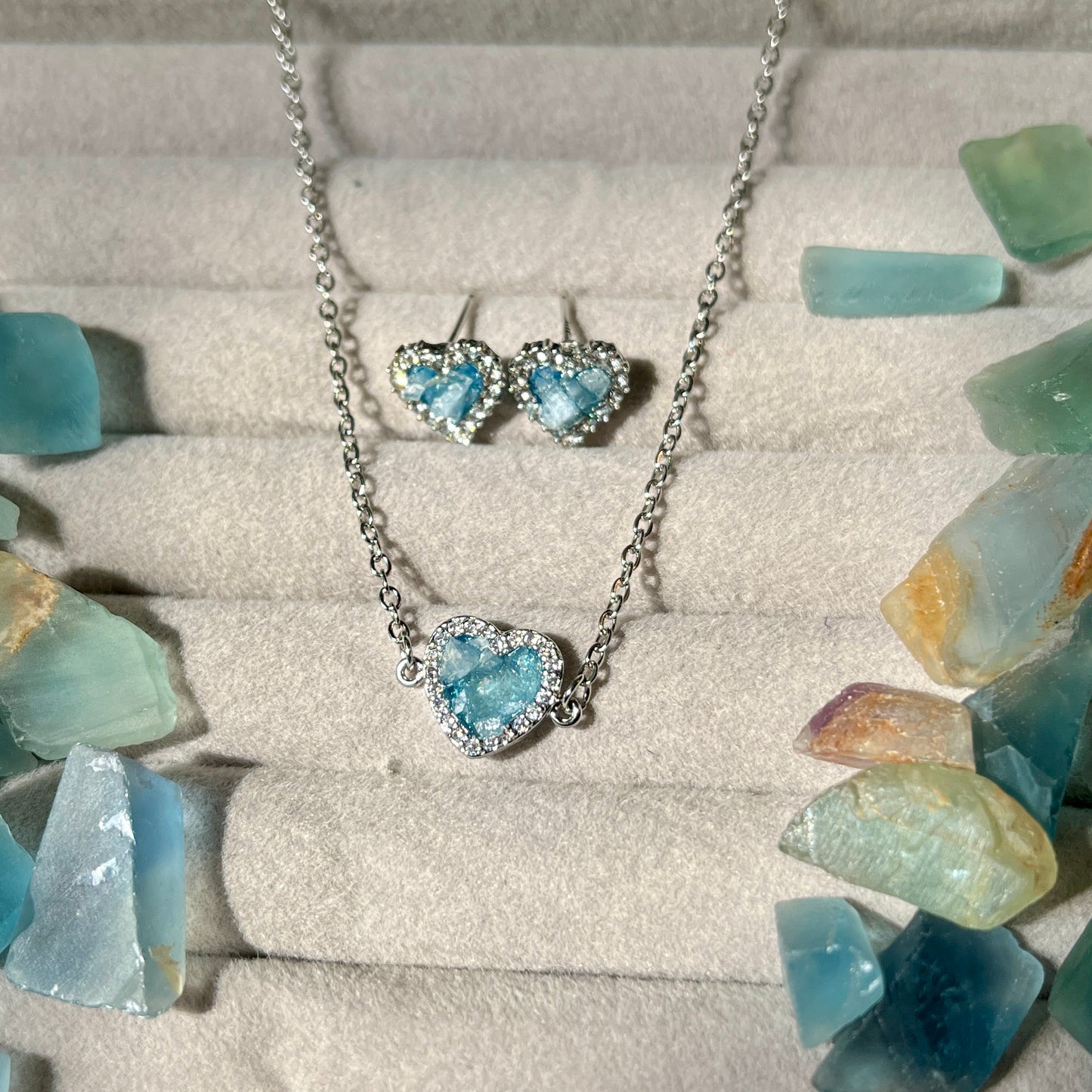 Aquamarine - Crushed - Heart - Jewelry Set