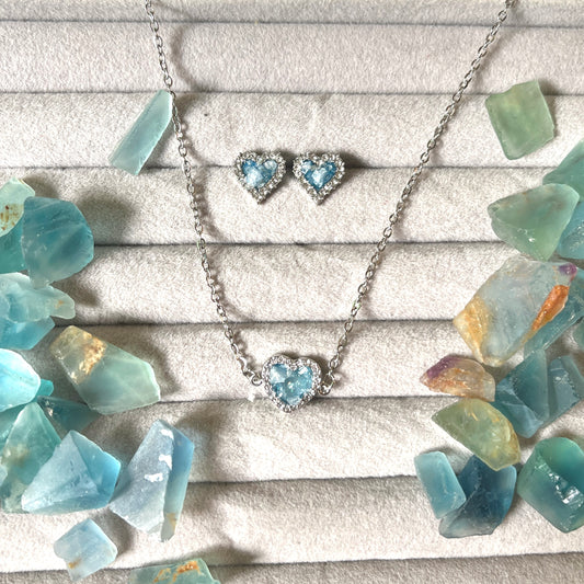 Aquamarine - Crushed - Heart - Jewelry Set